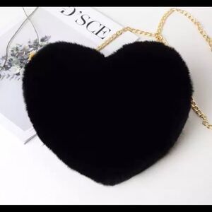 BLACK PLUSH HEART SHAPED BAG WITH GOLDTONE CHAIN